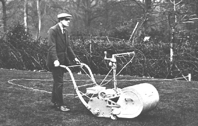 Ransomes Electra electric lawn mower, 1920s. Notice how the power cable trails across the lawn.