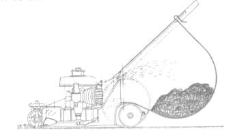 Diagram showing the basic layout of the Rotoscythe. The engine is mounted so that the crankshaft extends into the lower chamber where the impeller/disc spins to cut the grass, which is in turn ejected into the box at the rear.
