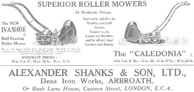 Advertisement for Shanks Ivanhoe and Caledonia mowers dating from 1927-29.