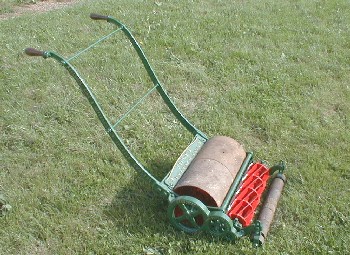Early example of Ransomes' Bowling Green Mower with open gears.