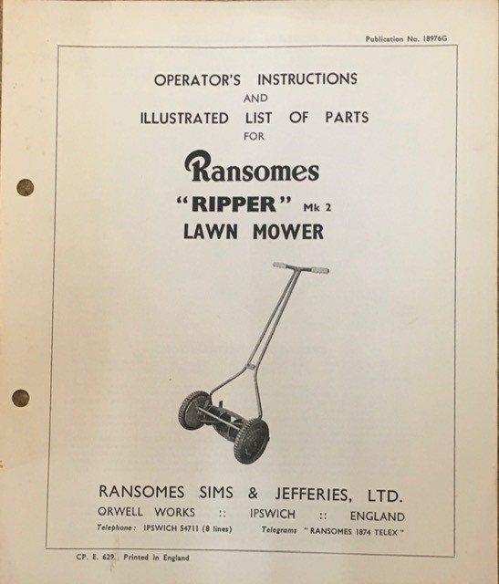 Ransomes Ripper Mk3 List of Parts Cover