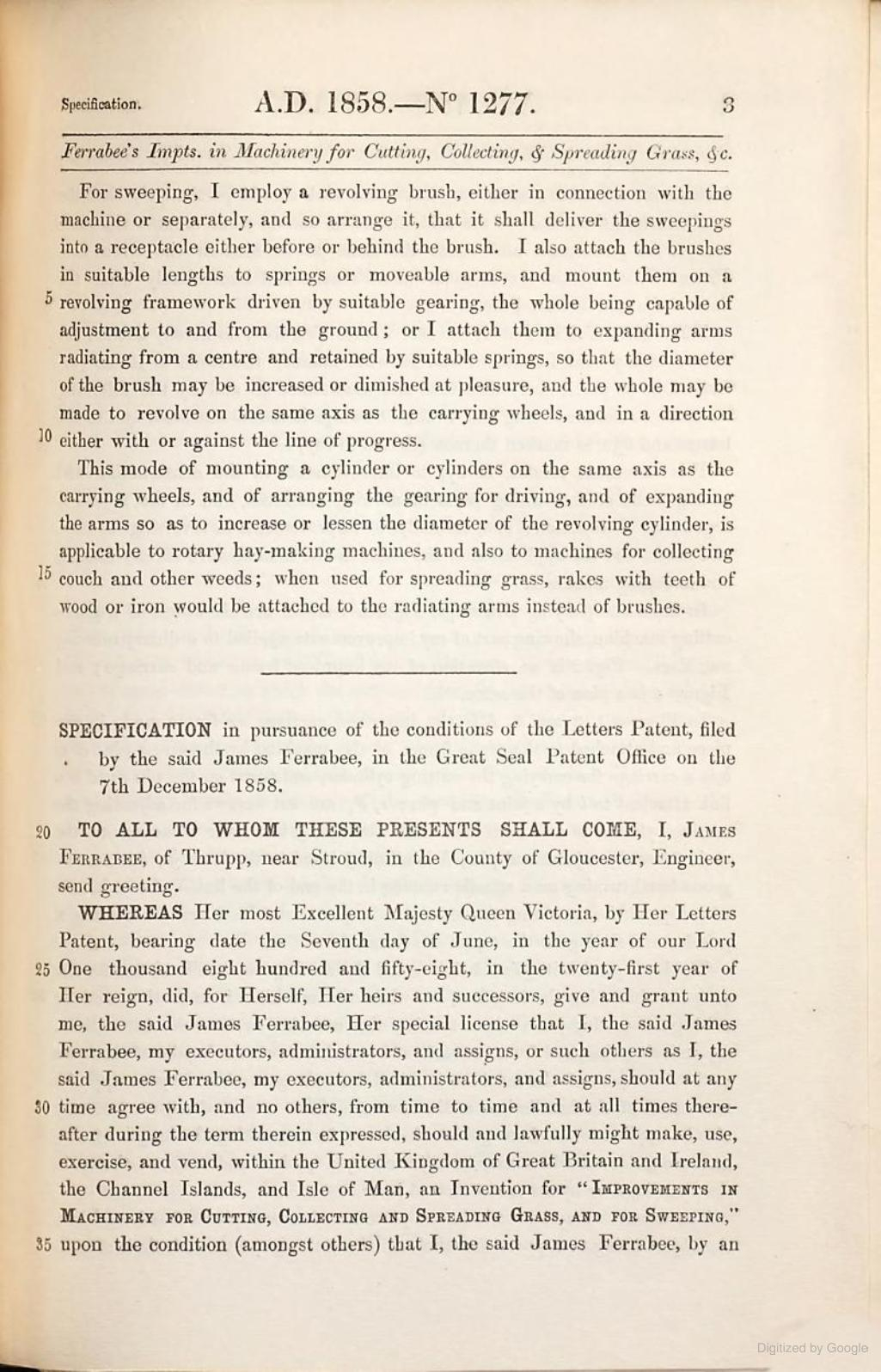 1858-06-07 James Ferrabee Patent No 1277 P03