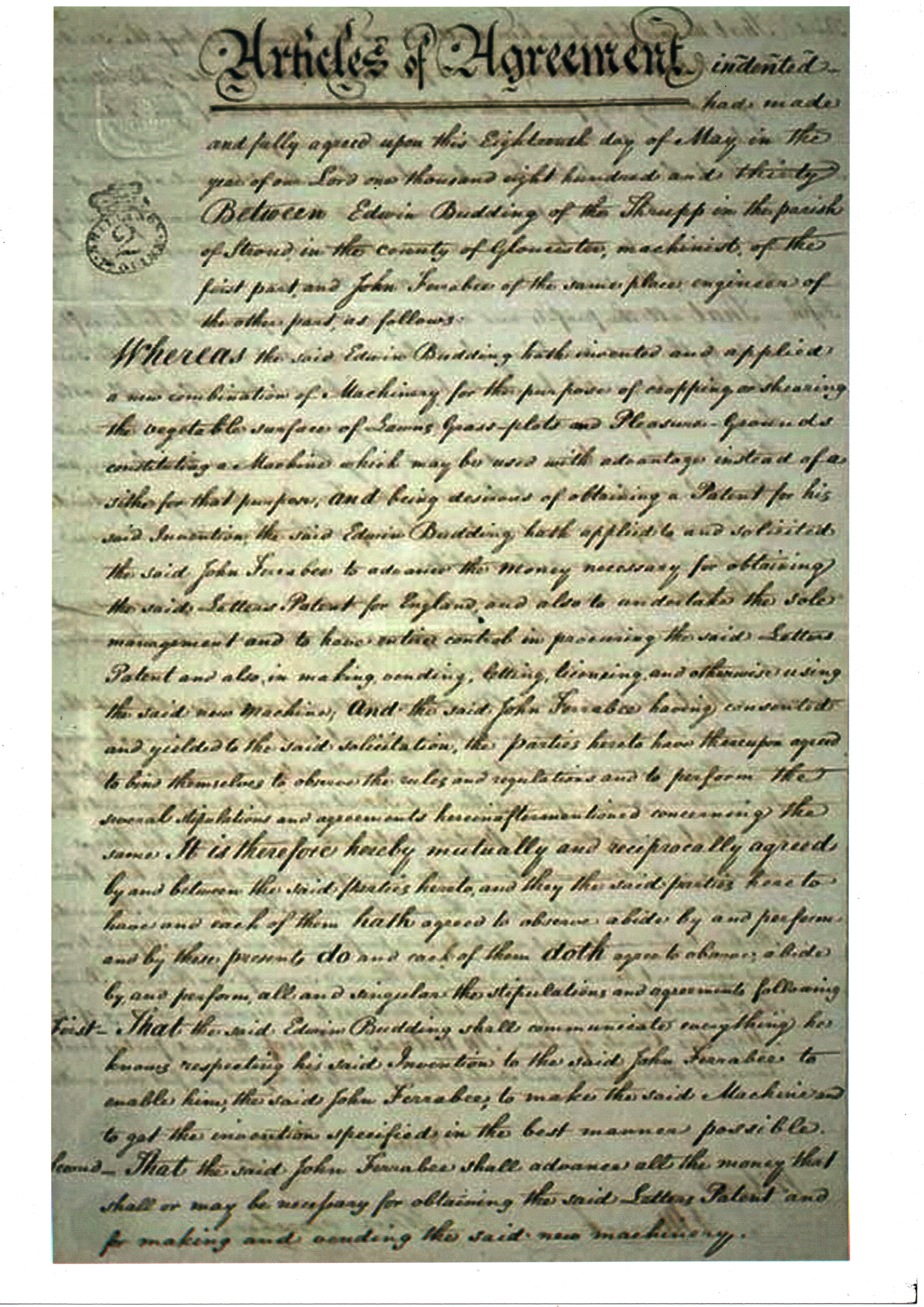 1830 Buddings Patent - Original Document P1