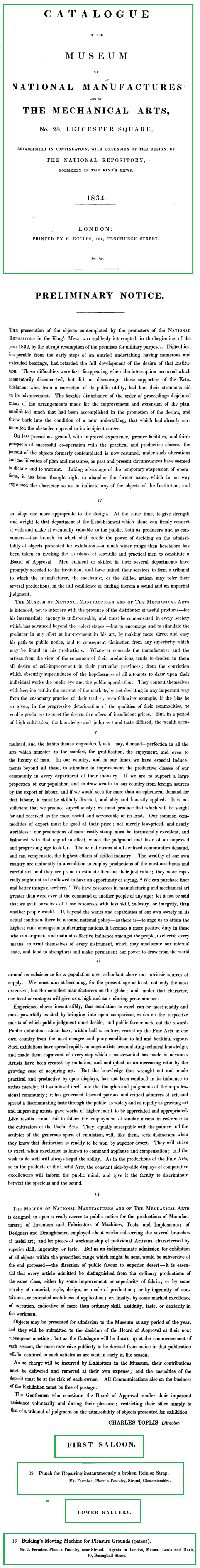 1834 Museum  Exhibition in London - Buddings Mower & Punch for Repairing Straps