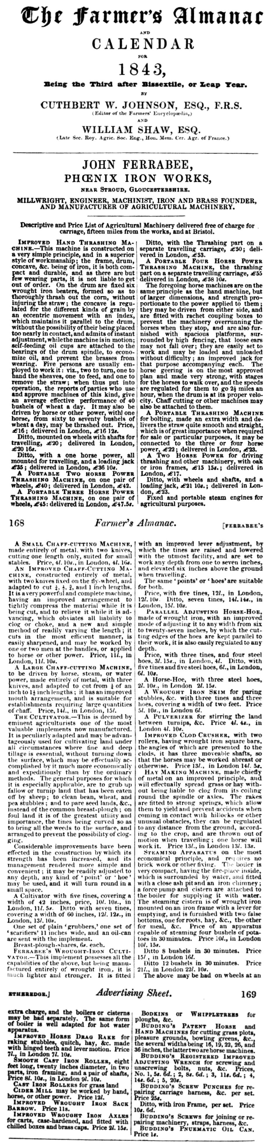 1843-01-01 Farmers Almanac - Ferrabee Advertisement