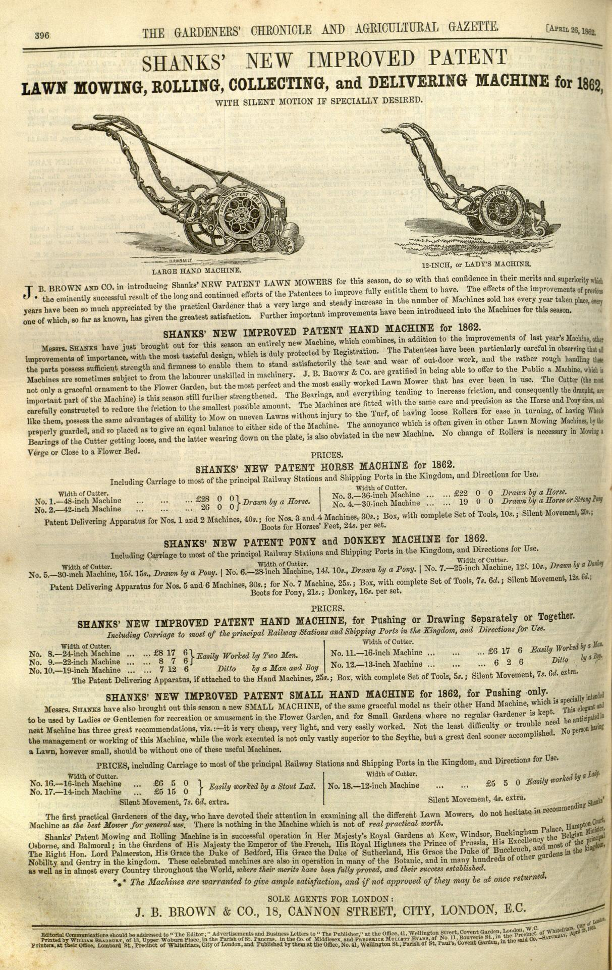 1862-04-26 Gardeners Chronicle - Shanks Advertisement