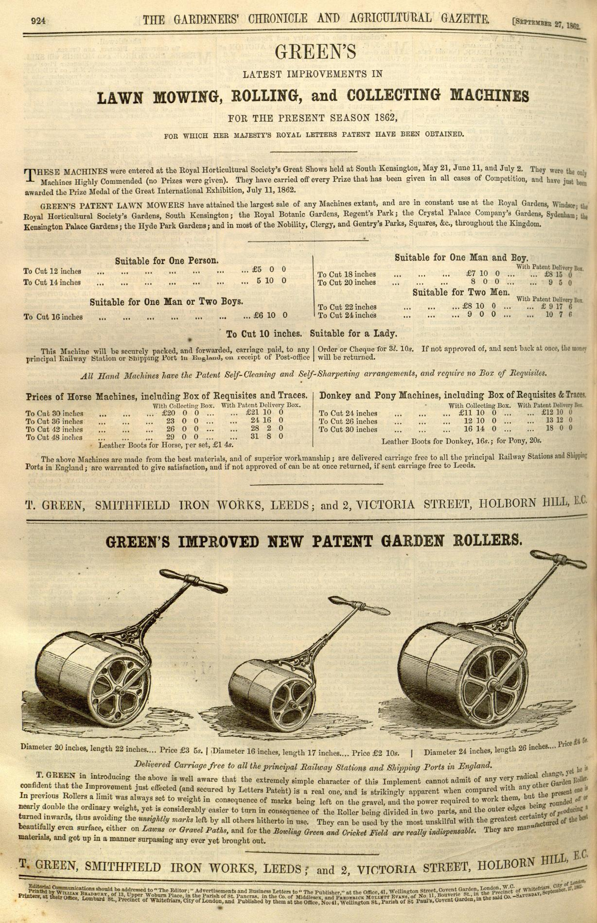 1862-09-27 Gardeners Chronicle - Greens Advertisement