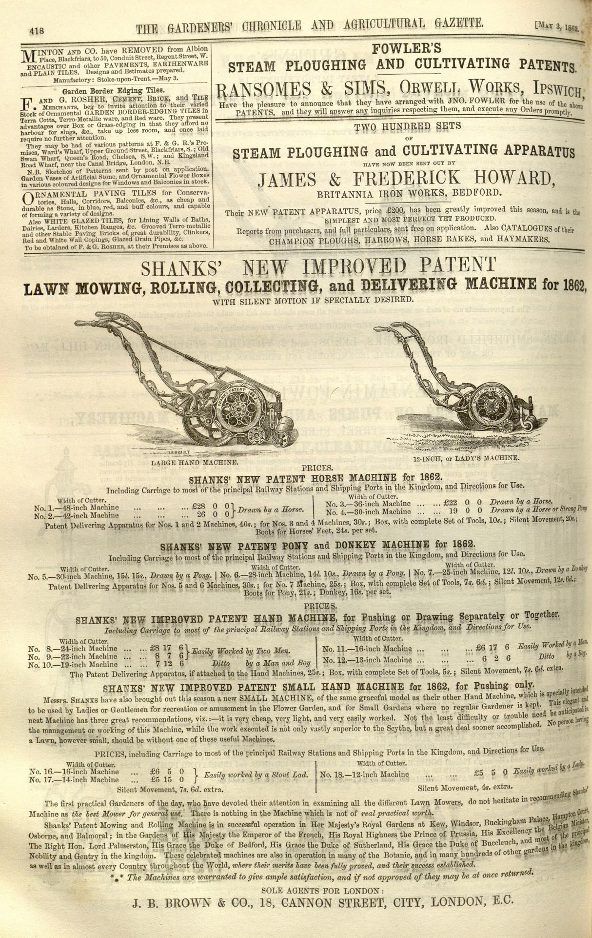 1862-05-03 Gardeners Chronicle - Shanks Advertisement
