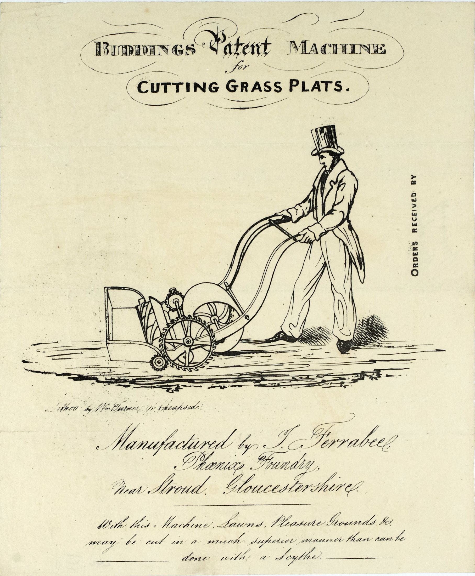 Budding's Patent - First Known Lawnmower Leaflet c1830