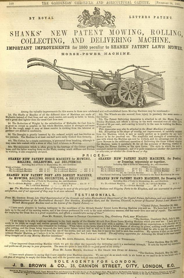 1860-02-18 Gardeners Chronicle - Shanks Advertisement