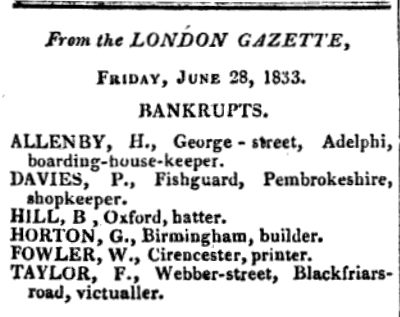 1833-06-28 Fowler of Cirencester, Printer of Early Budding's Patent Leaflet Bankrupt