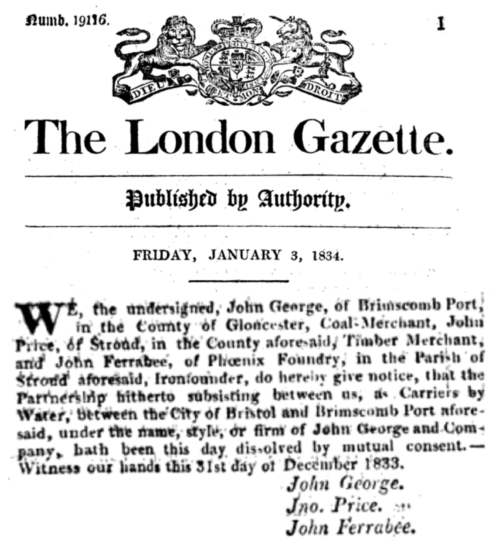1834-01-03 Dissolution of Business Partnership George, Price & Ferrabee