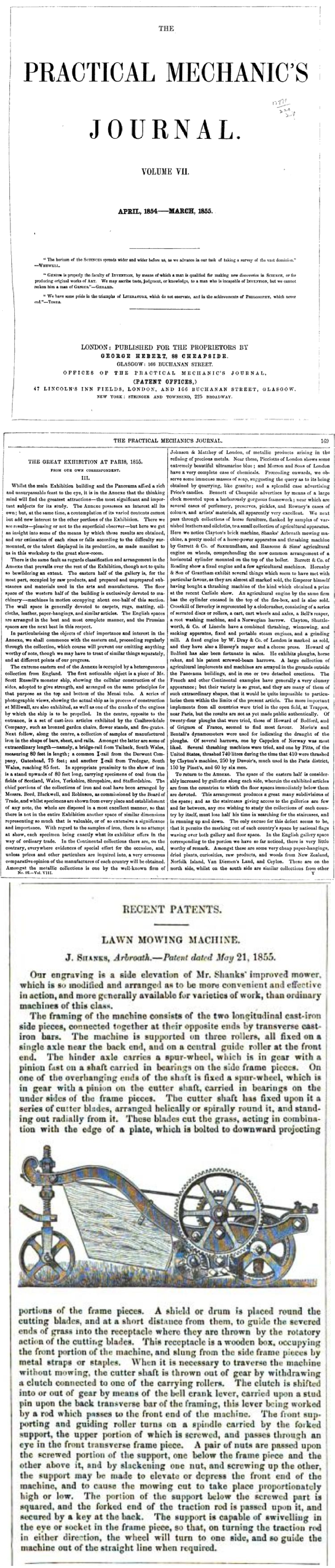 1855-03-01 Practical Mechanics Journal  - Shanks Patent No 1147
