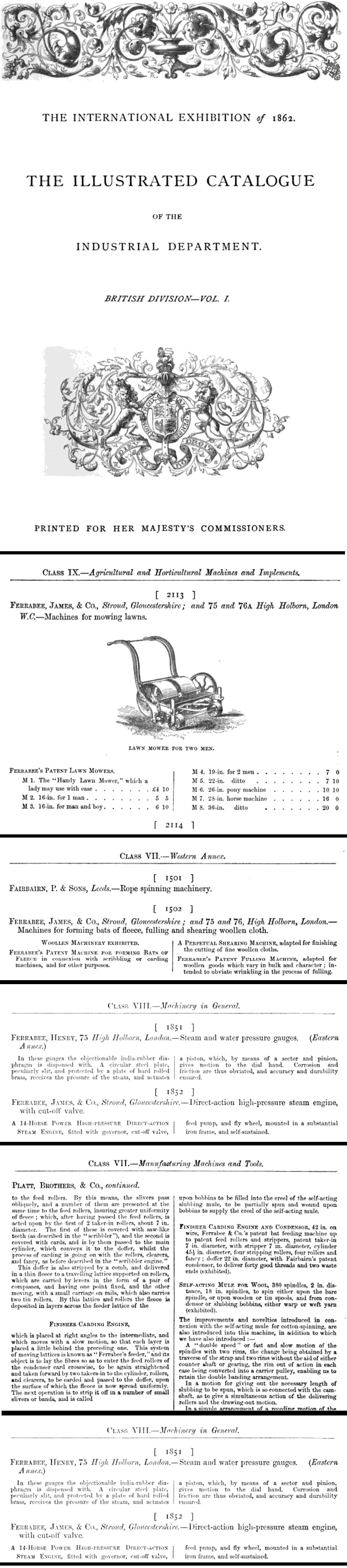 1862 International Exhibition - James and Henry Ferrabee Exhibiting Separately