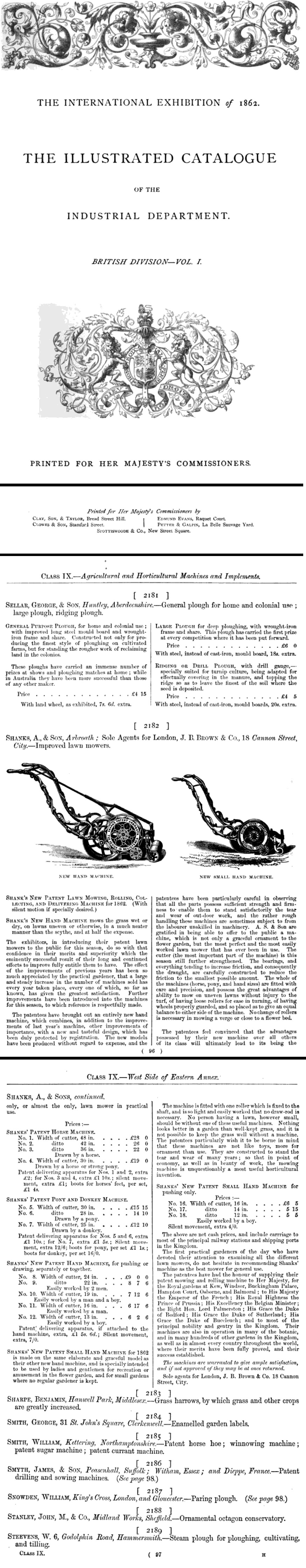 1862 International Exhibition - Shanks Listing