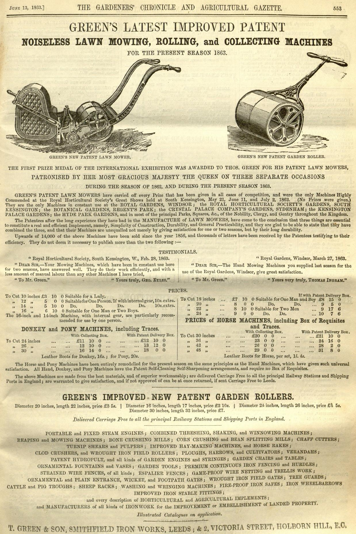 1863-06-13 Gardeners Chronicle - Greens Advertisement