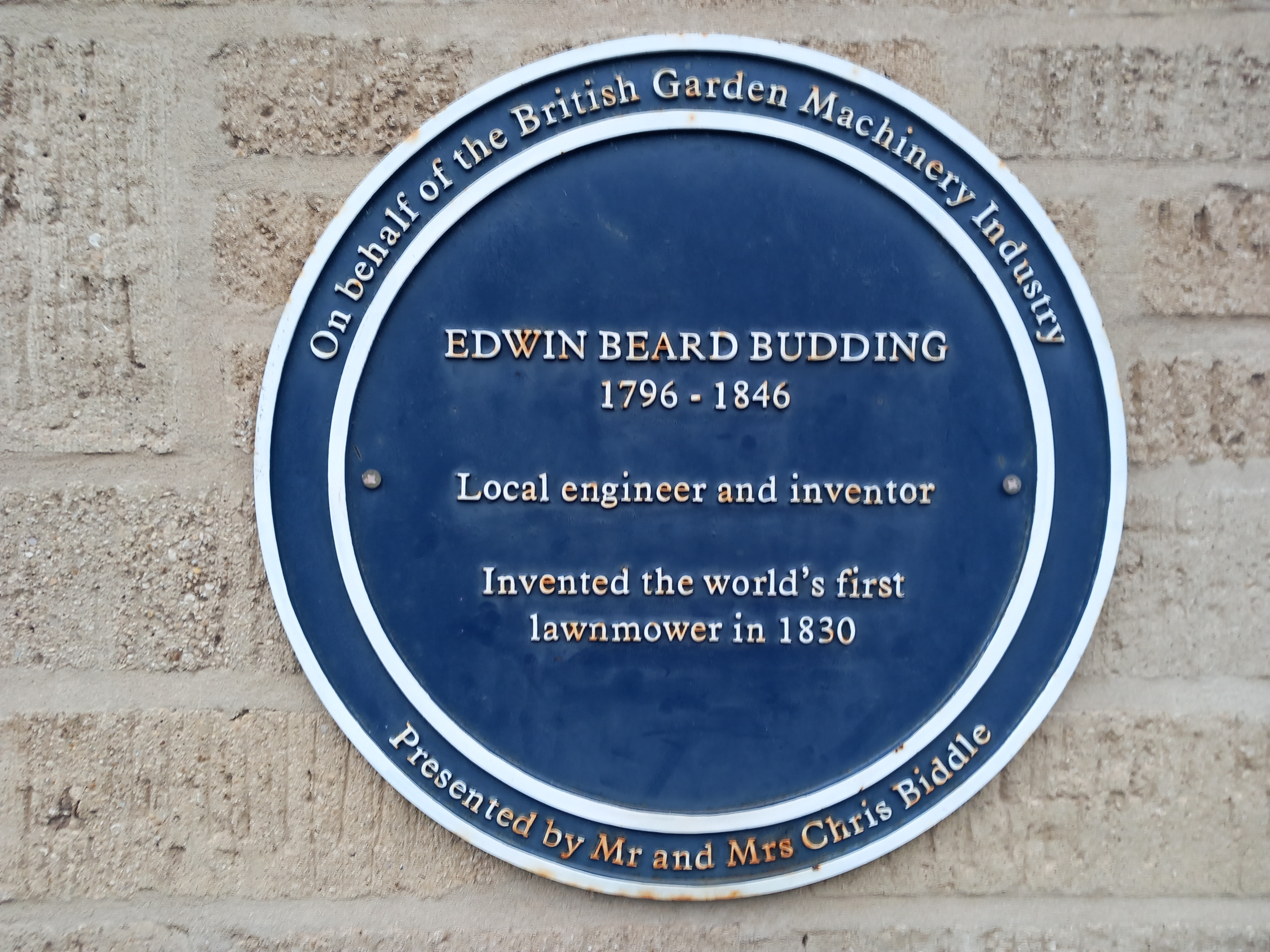 Plaque to commemorate Edwin Budding 