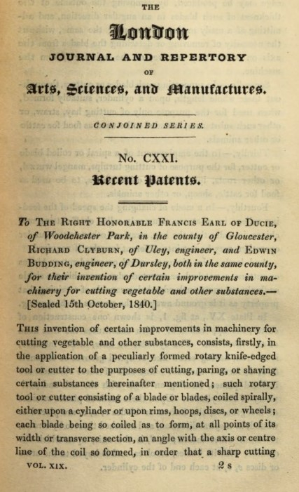 1840-10-15 Earl Of Ducie, Richard Clyburn, Edwin Budding - for certain improvements in machinery for cutting vegetable and other substances