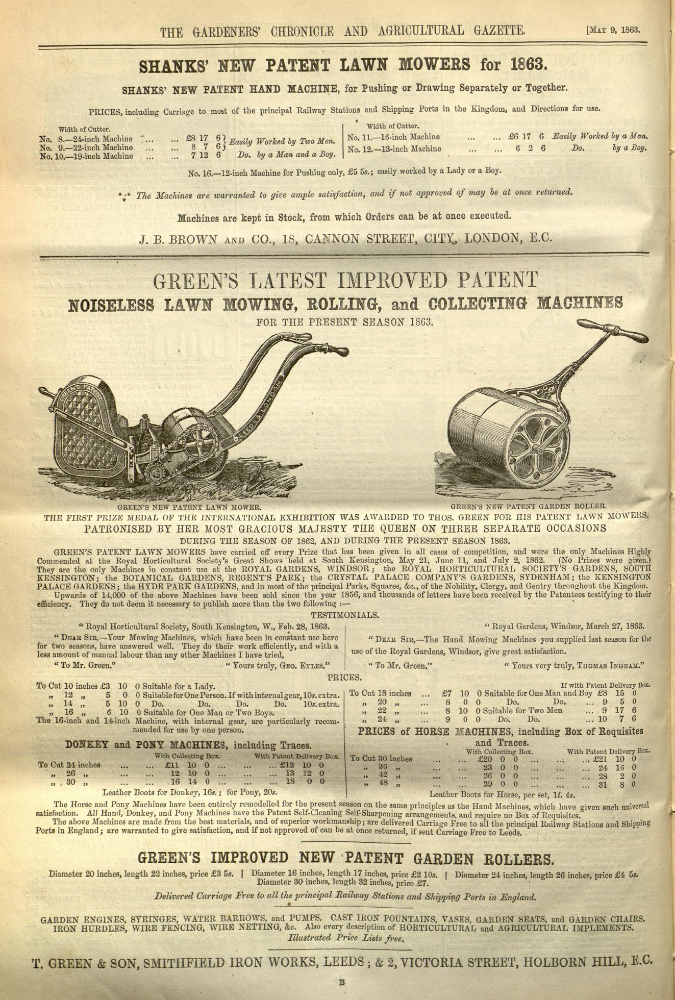 1863-05-09 Gardeners Chronicle - Greens Advertisement