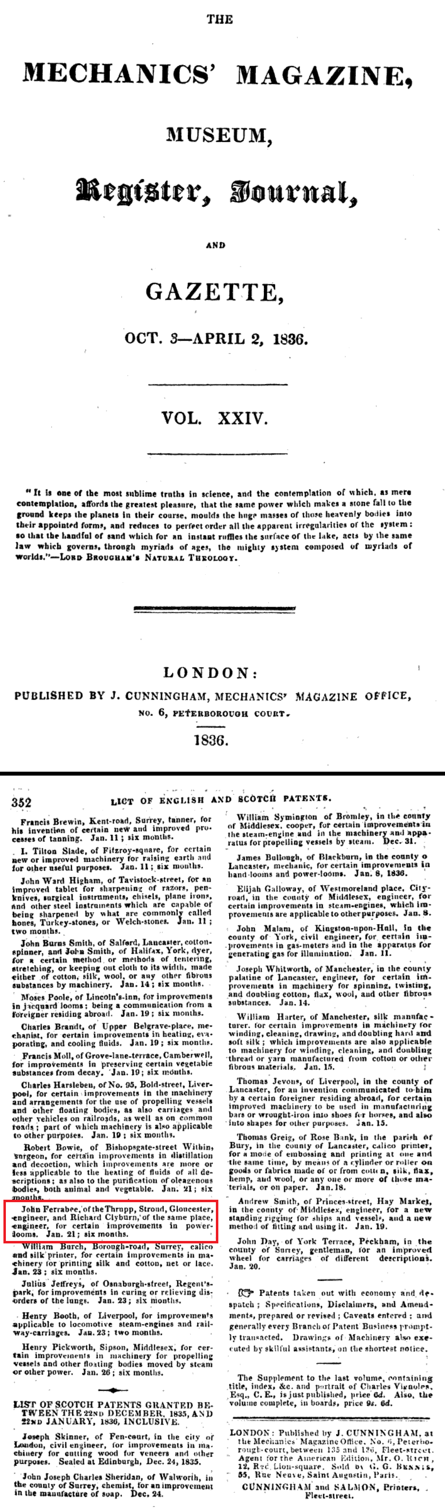 1836-01-21 Ferrabee and Clyburn - Improvements in Power Looms
