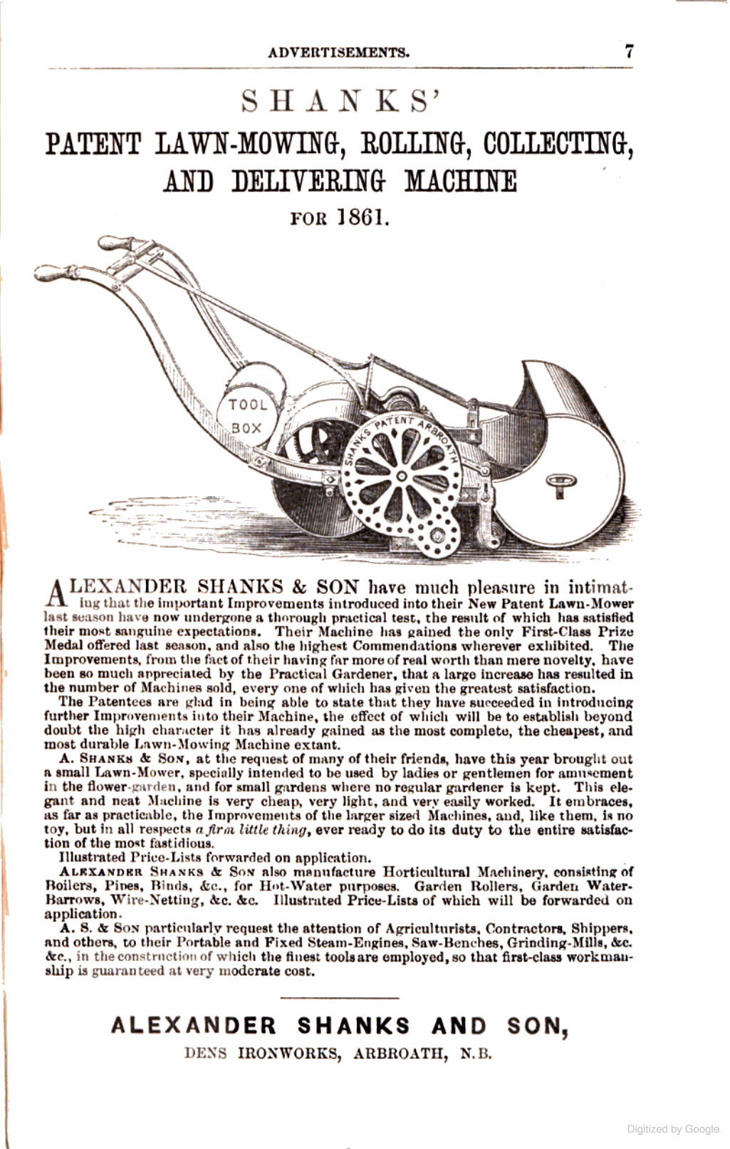 1861 Yearbook of Agricultural Facts - Shanks Advertisement