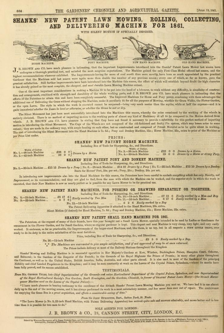 1861-07-13 Gardeners Chronicle - Shanks Advertisement