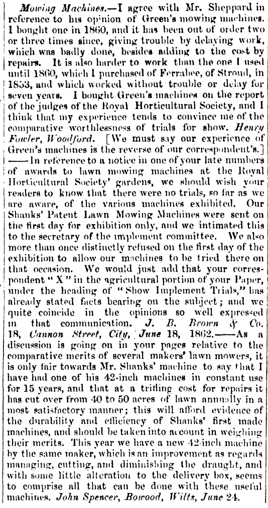 1862-06-28 Gardeners Chronicle - John Spencer Mower Review