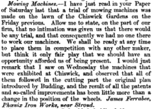 1857-06-13 Gardeners Chronicle - James Ferrabee Letter on Chiswick Trials