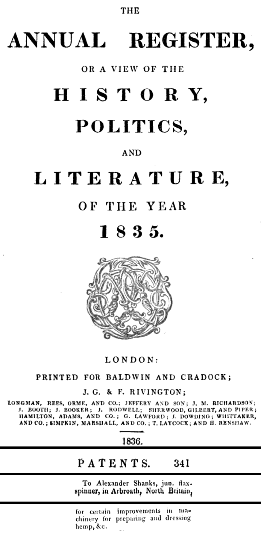 1836-04-01 Annual Register - Alexander Shanks Patent