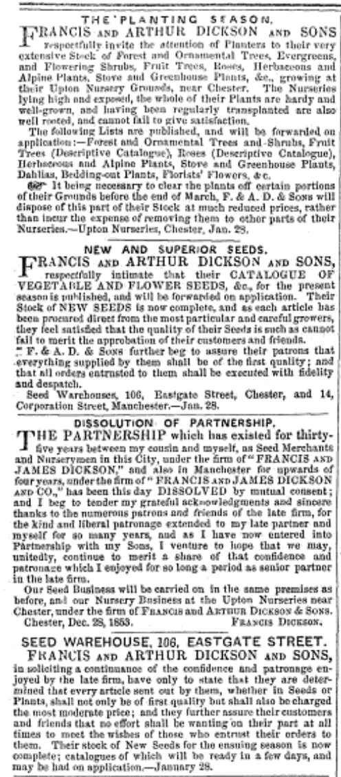 1854-01-28 Gardeners Chronicle - Partnership of F & J Dickson Dissolved
