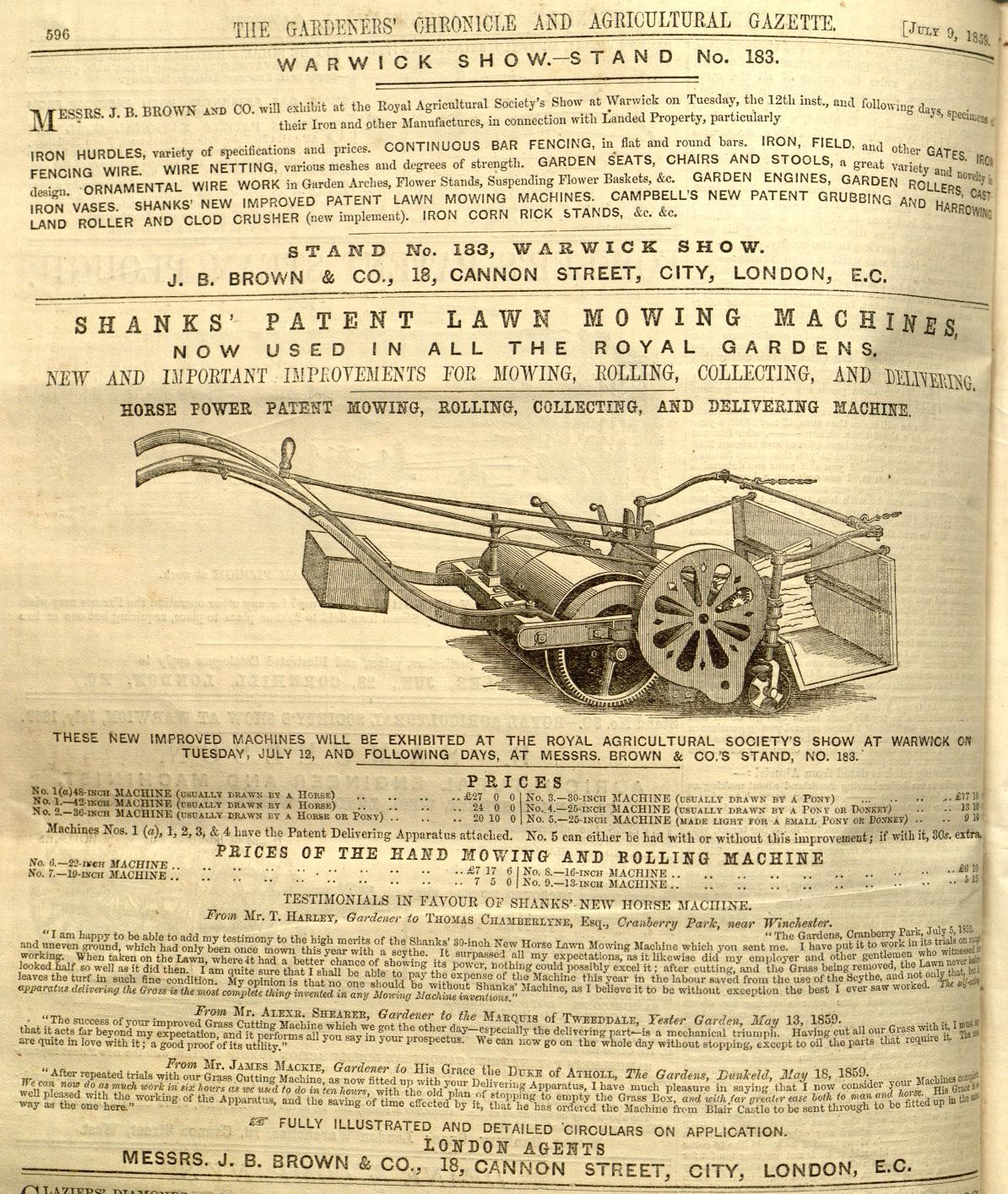 1859-07-09  Gardeners Chronicle - Shanks Advertisement