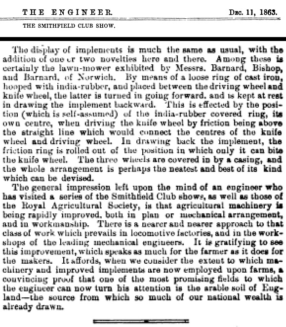 1863-12-11  The Engineer - Barnard Bishop and Barnard Friction Drive Lawn mower