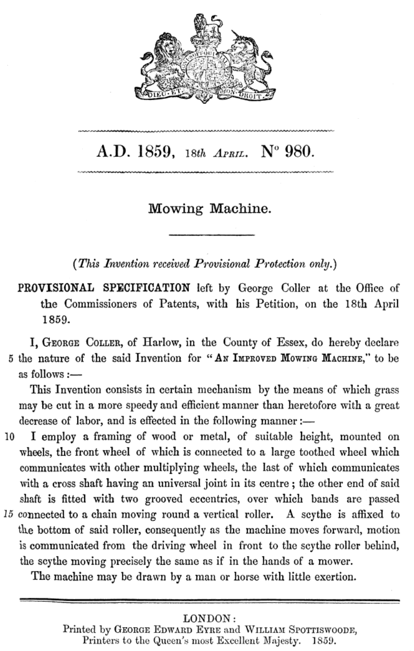1859-04-18 English Patent - George Collier - Mowing Machine
