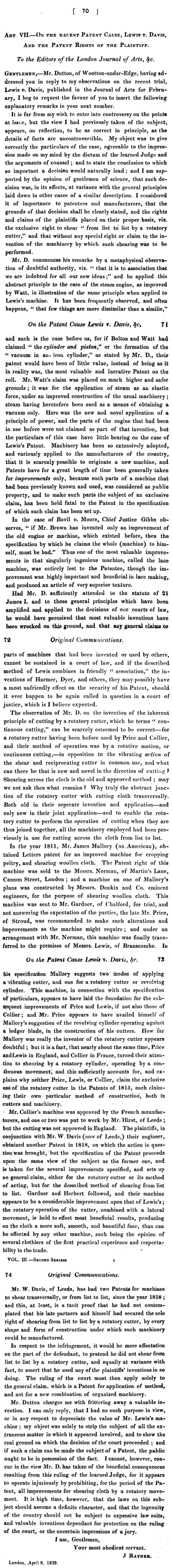 1829-04-08 The London Journal of Arts And Sciences - Letter Concerning Shearing Patents