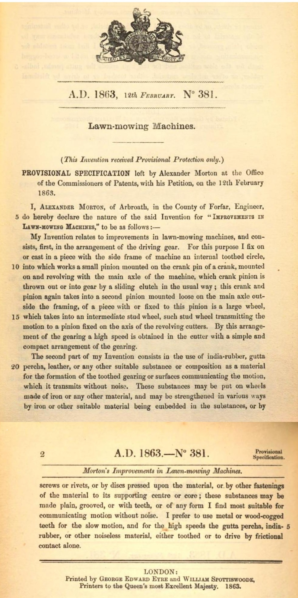 1863-02-12 Alexander Morton - Patent No 381