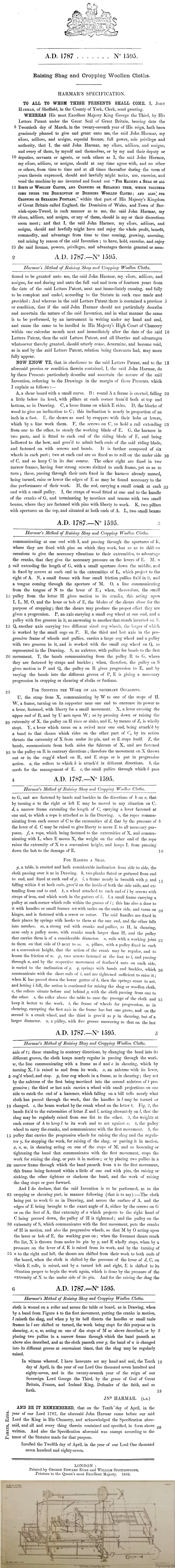 1787-04-12 Patent 1595 - Raising Shag and Cropping Woollen Cloths