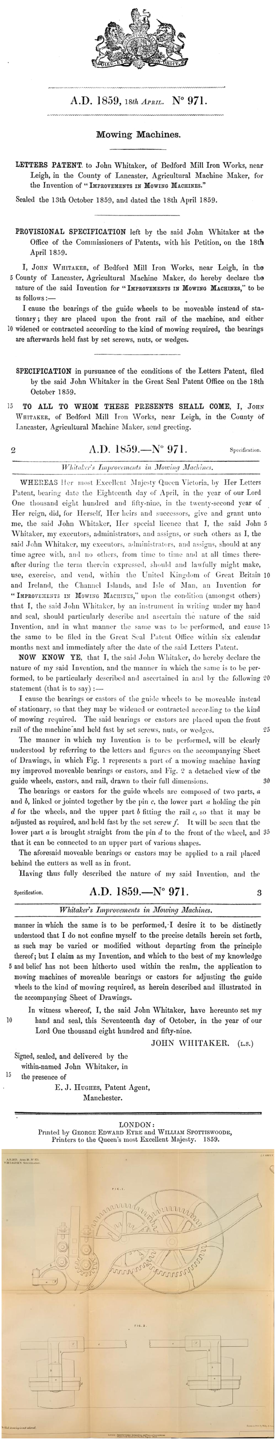 1859-04-18 Patent No 971 - John Whitaker - Mowing Machines