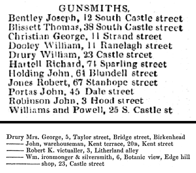 1845 Gore's Directory of Liverpool - William Drury, Budding Patent Agent