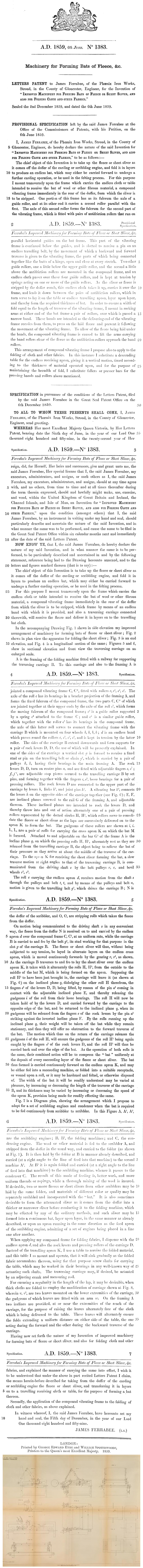 1859-06-06 Patent No 1383 - James Ferrabee - Forming Bats of Fleece