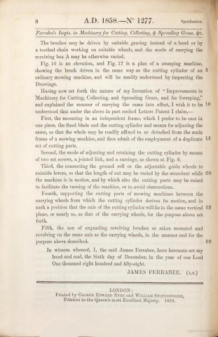 1858-06-07 James Ferrabee Patent No. 1277 P8