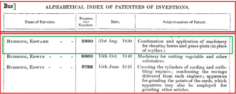 Buddings 1830 Patent  No. 5990 listed in a later document, noting two of his other patents