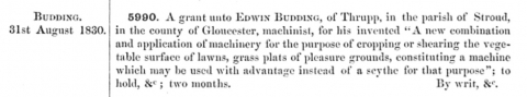 1830-08-31 Summary Listing for application of Edwin Budding's Patent No. 5990 - 31st August 1830