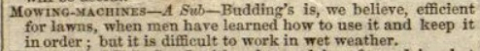 1845-9-27   Budding's Mower Mentioned in The Agricultural Gazette on the 27th of September 1845