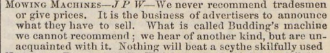 1846-6-6   A testimonial on advocating the Scythe over the Budding's Mower in The Gardeners Chronicle.