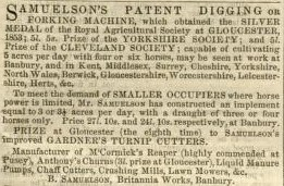 Samuelson & Co. advertisement in The Agricultural Gazette - 1st October 1853