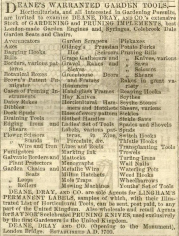   Deane's  (retailer) advertisement in The Gardeners Chronicle - 29th April 1854