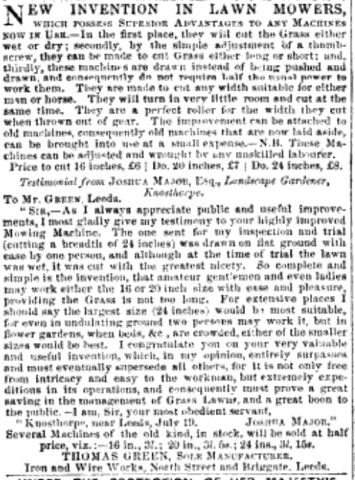 Article by Joshua Major in The Gardeners Chronicle - concerning Green's Mowers and mowers of "The old type"  - 4th August 1855 