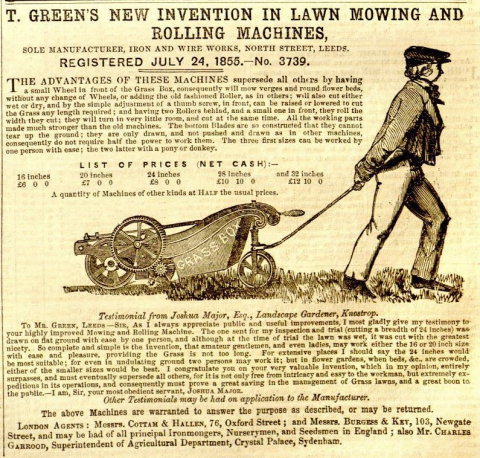 T. Green's "New Invention in Lawn Mowing & Rolling Machines - 31st May 1856