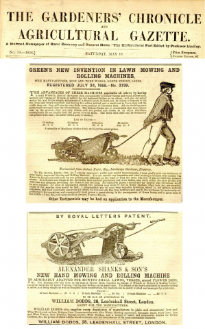   First appearance in The Gardeners Chronicle of both the Thomas  Greens &  Alexander Shanks Pull along Mower