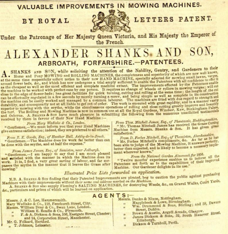 Shanks advertisement in The Gardeners Chronicle - 26th April 1856